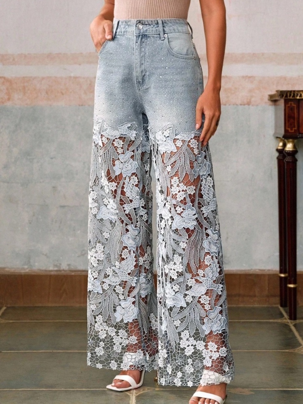 Light wash Rhinestone Mid Waist Bird Floral Cut out Straight Leg Denim Jeans - Picture 2 of 6